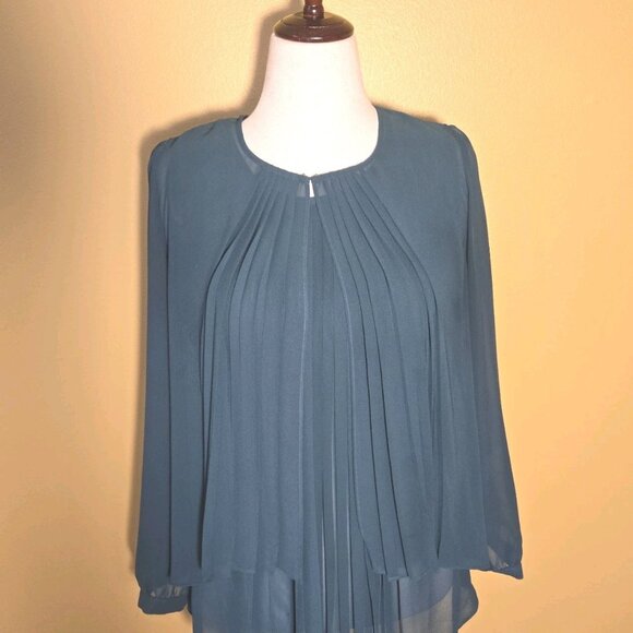 LOVE 21 Emerald Green Blouse Long Sleeve Sheer Tunic Pleated Large Layered Cardi - Picture 3 of 12